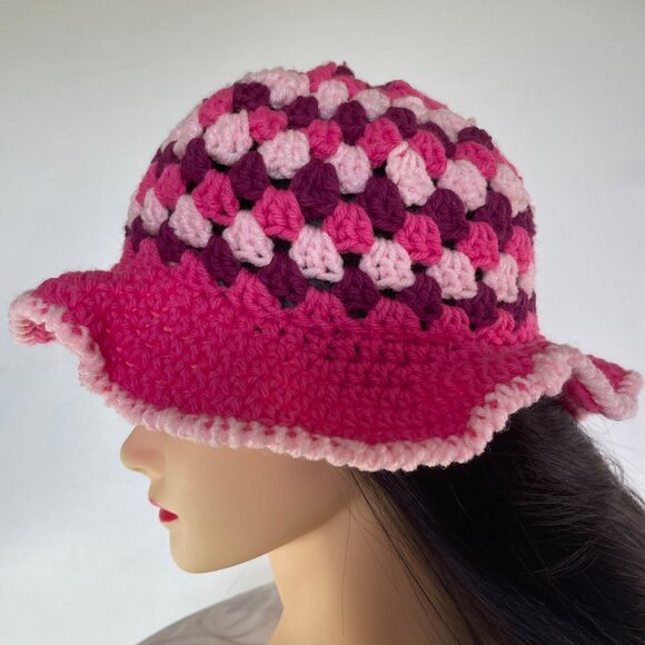 Crochet Bucket Hat Granny Square Pattern Pink and Burgundy Adult Size Handmade main image 4